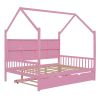 Wooden Full Size House Bed with Trundle,Kids Bed with Shelf