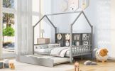 Wooden Full Size House Bed with Trundle,Kids Bed with Shelf