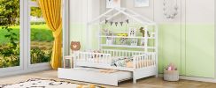 Wooden Twin Size House Bed with Trundle,Kids Bed with Shelf
