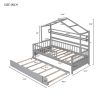 Wooden Twin Size House Bed with Trundle,Kids Bed with Shelf