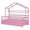 Wooden Twin Size House Bed with Trundle,Kids Bed with Shelf