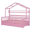 Wooden Twin Size House Bed with Trundle,Kids Bed with Shelf