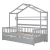 Wooden Twin Size House Bed with Trundle,Kids Bed with Shelf