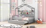Wooden Twin Size House Bed with Trundle,Kids Bed with Shelf