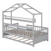 Wooden Twin Size House Bed with Trundle,Kids Bed with Shelf