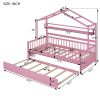 Wooden Twin Size House Bed with Trundle,Kids Bed with Shelf